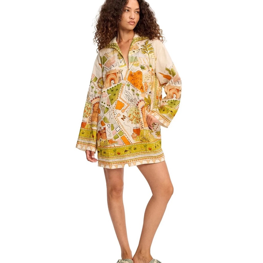 Alemais Bazaar Cream & Green Printed mini Tunic Dress Exclusive